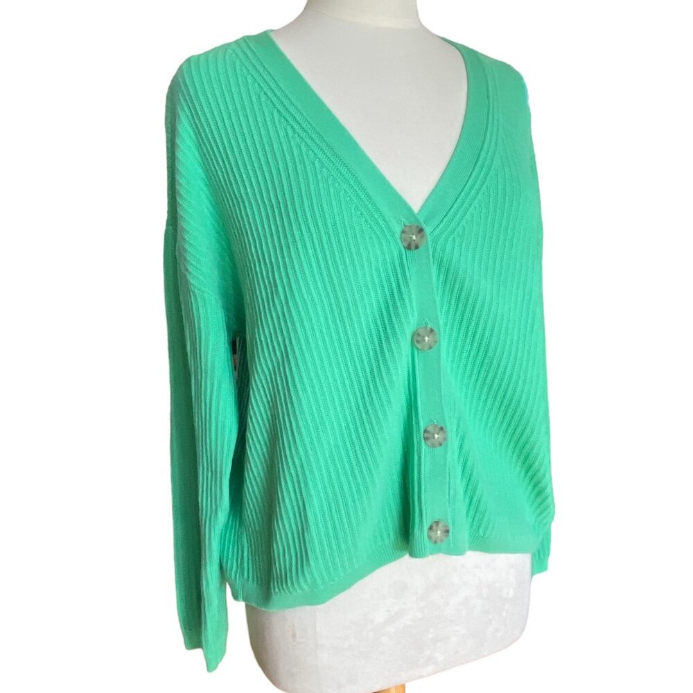 Talbots Rib Knit Grandpacore Cardigan Sweater Green Button Preppy Academia-XL